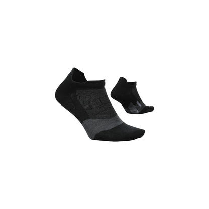 A pair of black socks displayed on a white background, designed for comfort with cushioning and targeted compression features.
