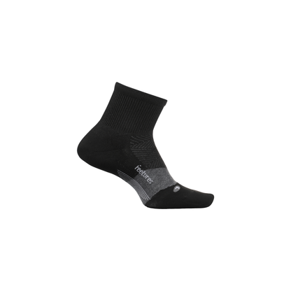 Black socks with a grey stripe, featuring Merino wool, targeted compression, and anatomical design for comfort and support.