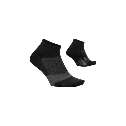 A pair of black socks on a white background, featuring Merino wool blend and targeted compression for comfort and support.