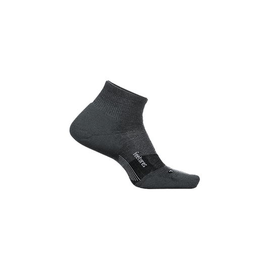 Dark gray Feetures sock in Merino wool blend, 3” length with targeted compression.