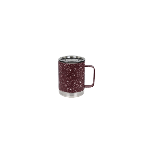 A 12oz stainless steel camp mug with a red and black speckled pattern, designed for hot or cold drinks during outdoor activities.