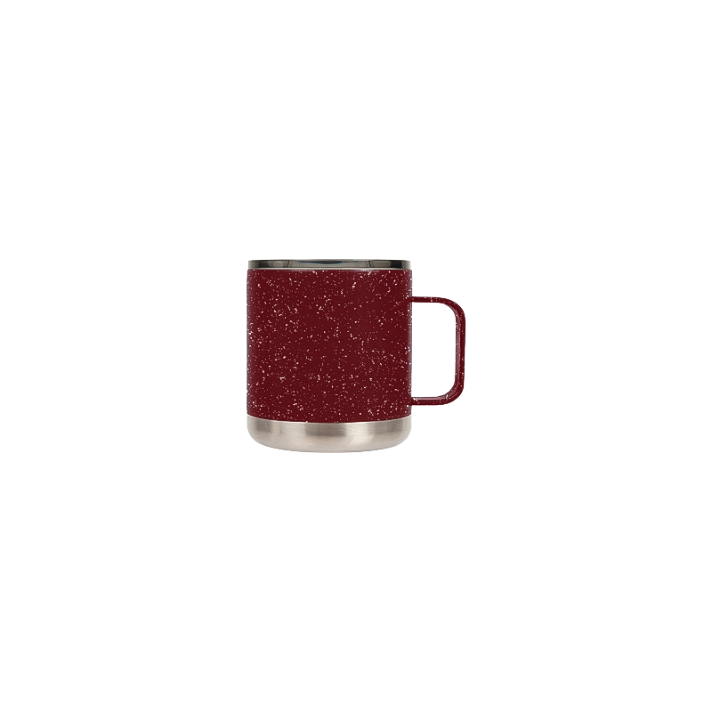 Red with splatter camp mug with a silver and black handle, featuring a splash-proof lid and double-wall insulation for outdoor use.