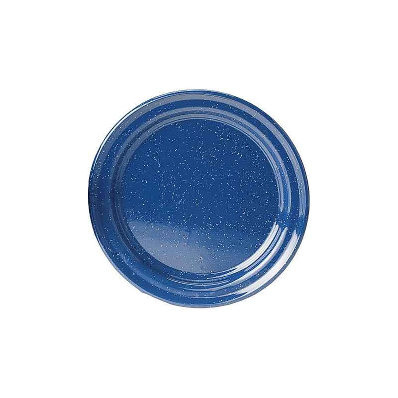 Blue enamelware plate on a white background, ideal for camping or home dining, durable and easy to clean.