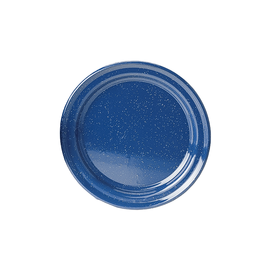 Blue enamelware plate on a white background, ideal for camping or home dining, durable and easy to clean.