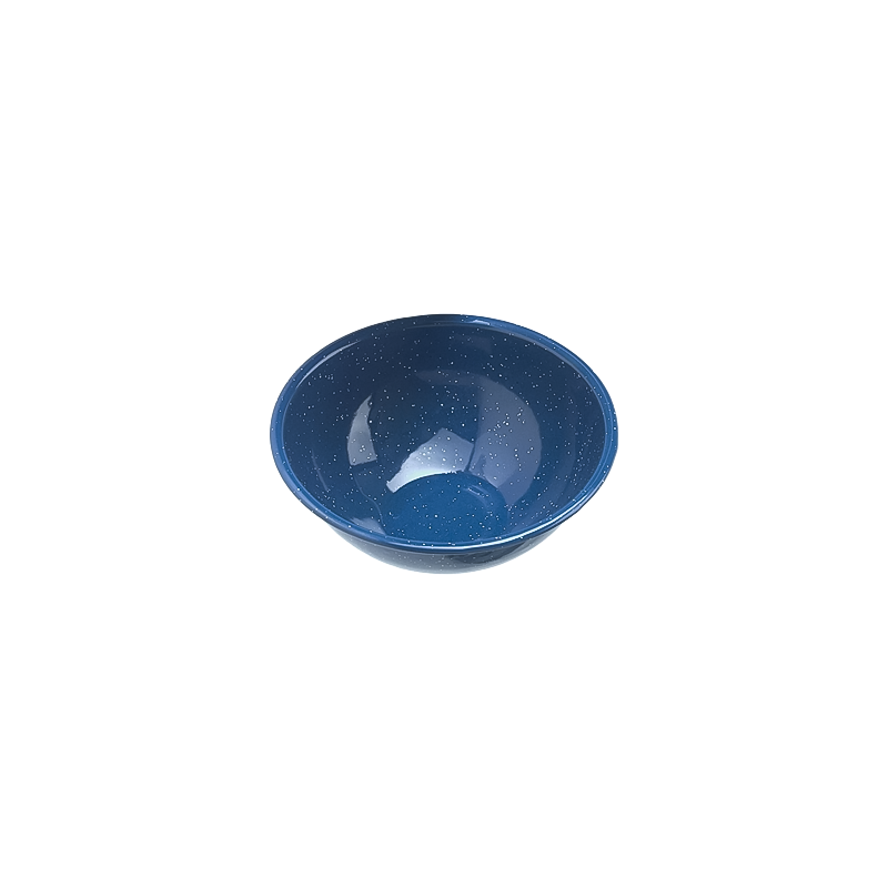 Blue enamelware mixing bowl on a white background, ideal for outdoor cooking and versatile food prep.