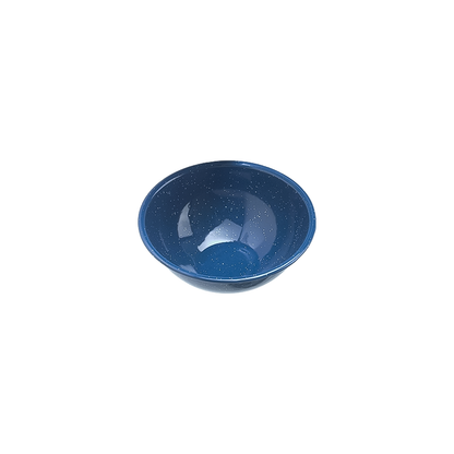 Blue enamelware mixing bowl on a white background, ideal for outdoor cooking and versatile food prep.