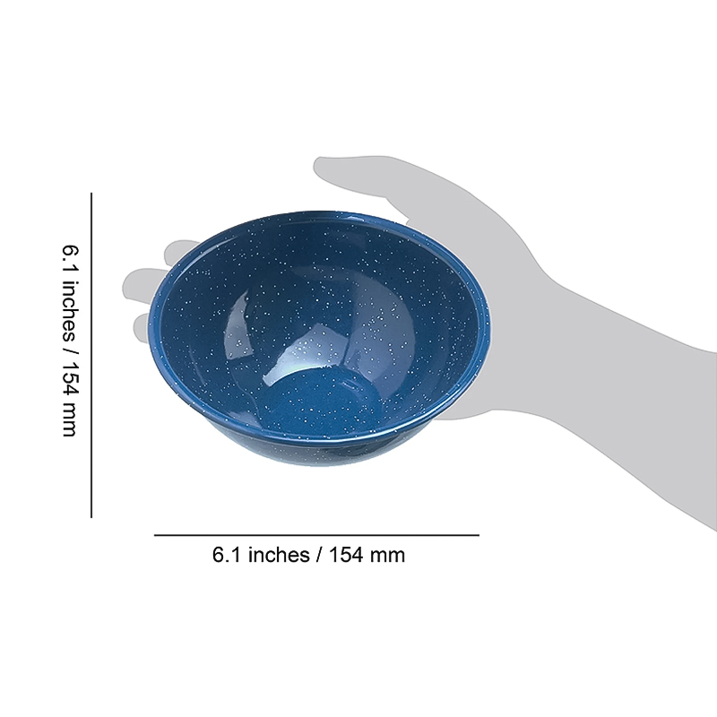 Blue 6" enamelware mixing bowl with a measurement, ideal for outdoor cooking and easy to clean, lightweight, and stackable.