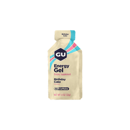 Birthday Cake GU Energy Gel packet on a white background, designed for endurance athletes.  