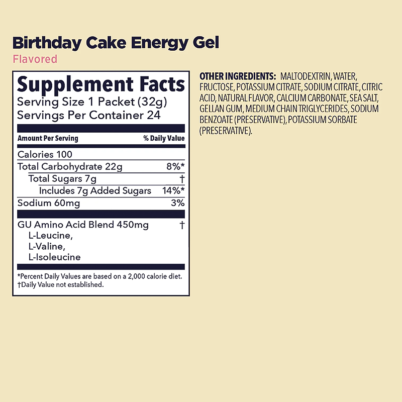 Birthday Cake GU Energy Gel supplement facts