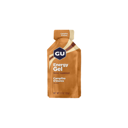GU Energy Gel campfire s'mores, a nutrient-rich energy source for athletes, available in multiple flavors.