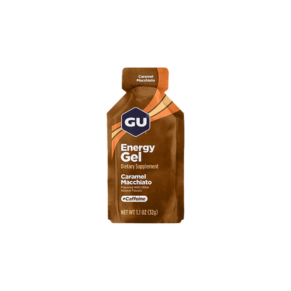 GU Energy Gel packet in caramel macchiato flavor, designed for endurance athletes, provides essential nutrients for long activities.
