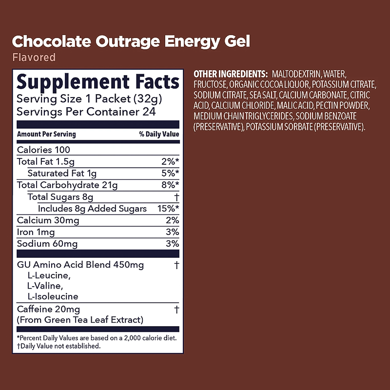 Chocolate Outrage GU Energy Gel supplement facts