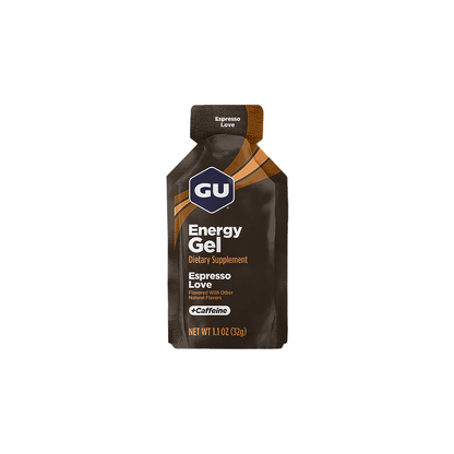 GU Energy Gel packet in espresso flavor with caffeine for endurance athletes, offering fast energy and nutrients.  