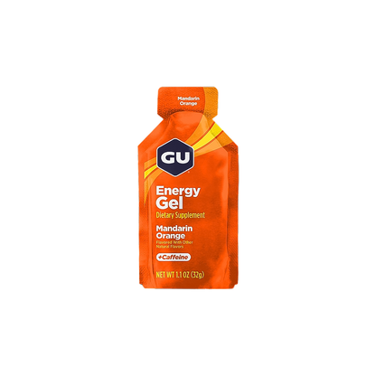 Orange GU Energy Gel packets offer fast energy with carbs, electrolytes, and amino acids for endurance athletes.  