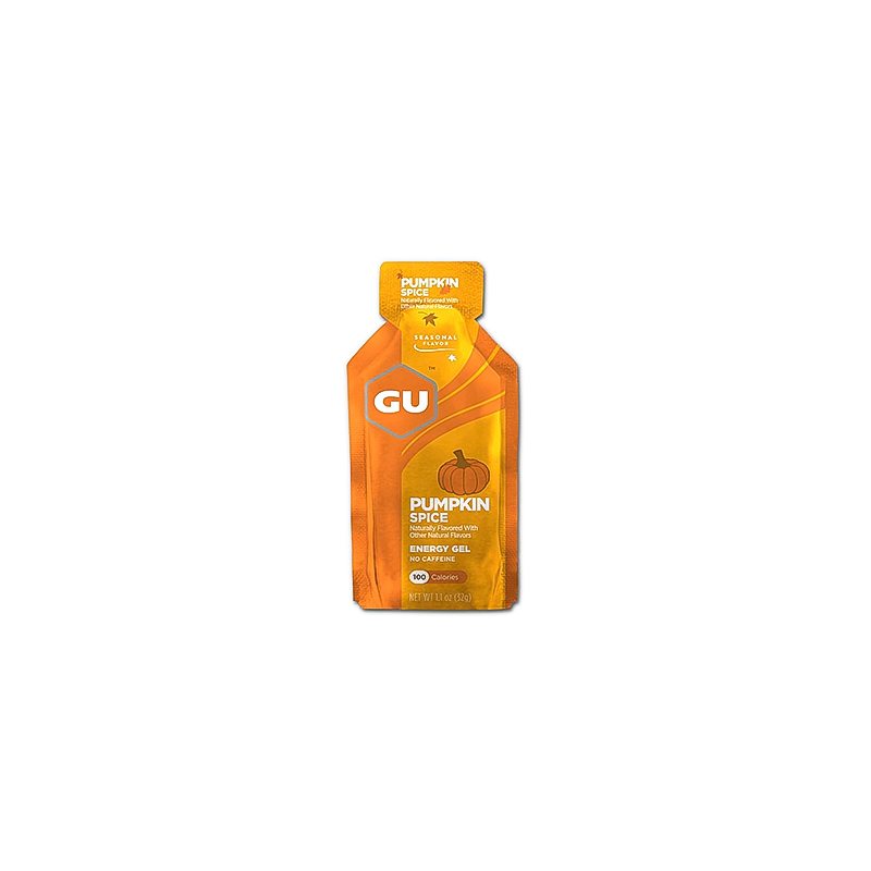 GU Energy Gel in pumpkin spice flavor, offering fast-acting energy and nutrients for athletes.