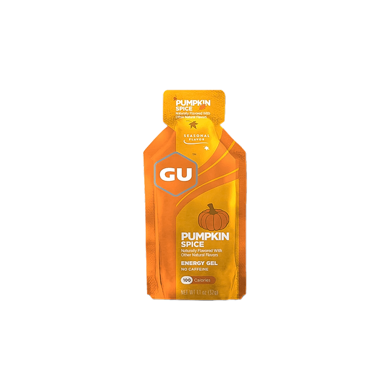 GU Pumpkin Spice energy gel: fast-acting fuel for endurance athletes with carbs, electrolytes, and amino acids.