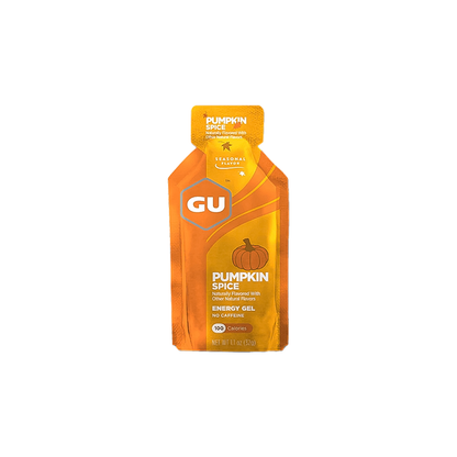 GU Pumpkin Spice energy gel: fast-acting fuel for endurance athletes with carbs, electrolytes, and amino acids.