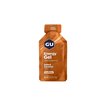 Salted Caramel GU Energy Gel packet, designed for endurance athletes, offers quick energy with essential nutrients for long activities.