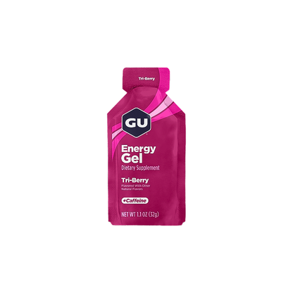 GU Energy Gel Tri-Berry packet with caffeine, designed for athletes, offers essential nutrients and energy for long rides and runs.