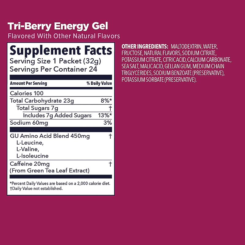 GU Energy Gel Tri-Berry w/ caffeine supplement facts
