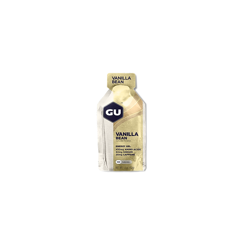 Vanilla bean GU Energy Gel packet, a quick energy source for endurance athletes, packed with carbohydrates and electrolytes.