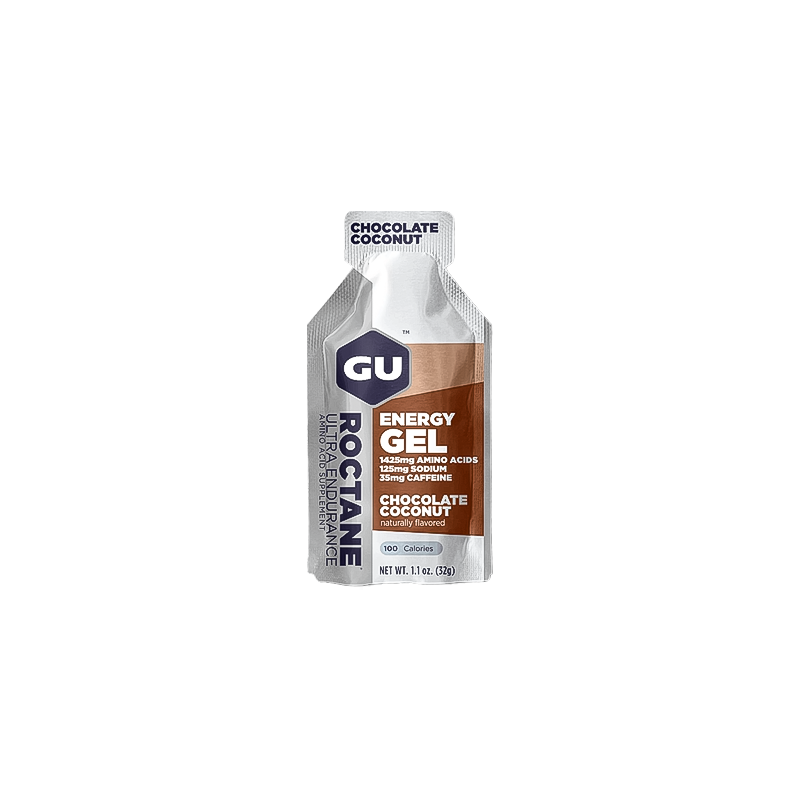 GU Roctane Chocolate Coconut Energy Gel packet delivers quick energy and essential nutrients for high-intensity activities.