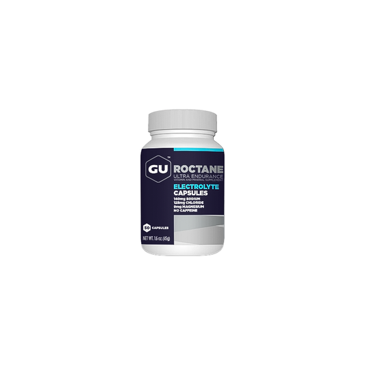 A bottle of GU Roctane Ultra Endurance Electrolyte Capsules with a white cap and blue, black, and gray label, shown on a plain white background.