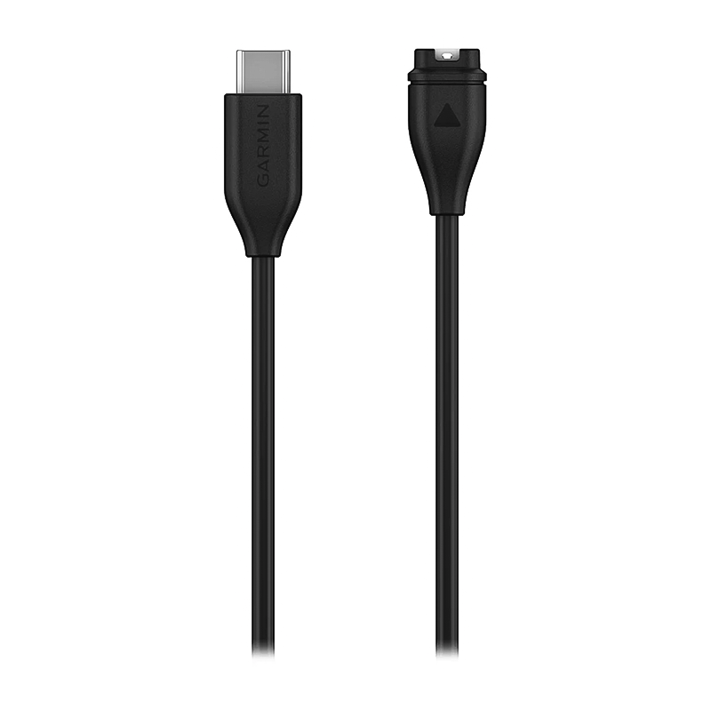 Black USB-C cable on a white background, designed for fast charging and data transfer for Garmin devices.