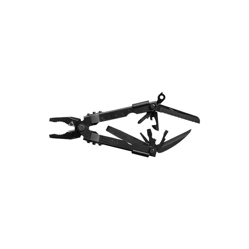 A black multitool with pliers, a partially serrated knife, scissors, Phillips and flathead screwdrivers, a saw, and other fold-out tools, displayed open on a white background.