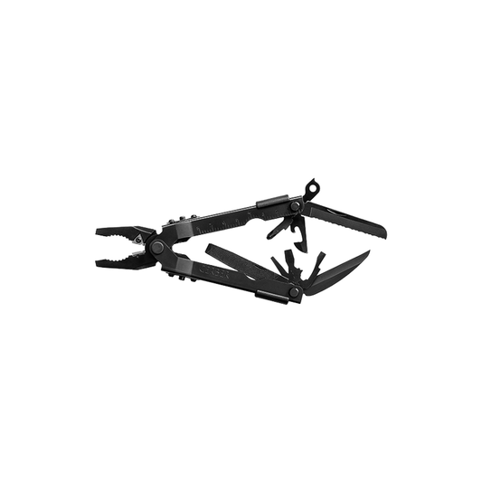 A black multitool with pliers, a partially serrated knife, scissors, Phillips and flathead screwdrivers, a saw, and other fold-out tools, displayed open on a white background.