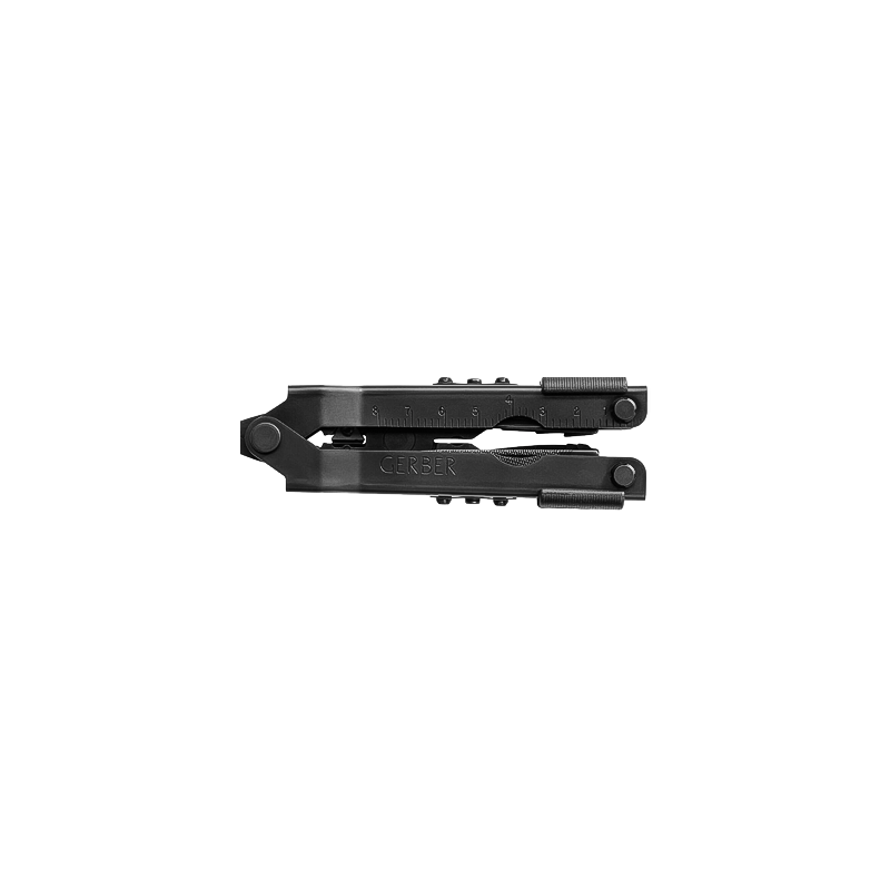 A closed black Gerber multitool with a compact design, featuring textured grips and a visible ruler on its side, set against a plain white background.