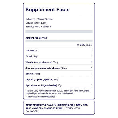 Supplement facts for Gnarly Collagen Pro, detailing ingredients and benefits for joint and connective tissue health.