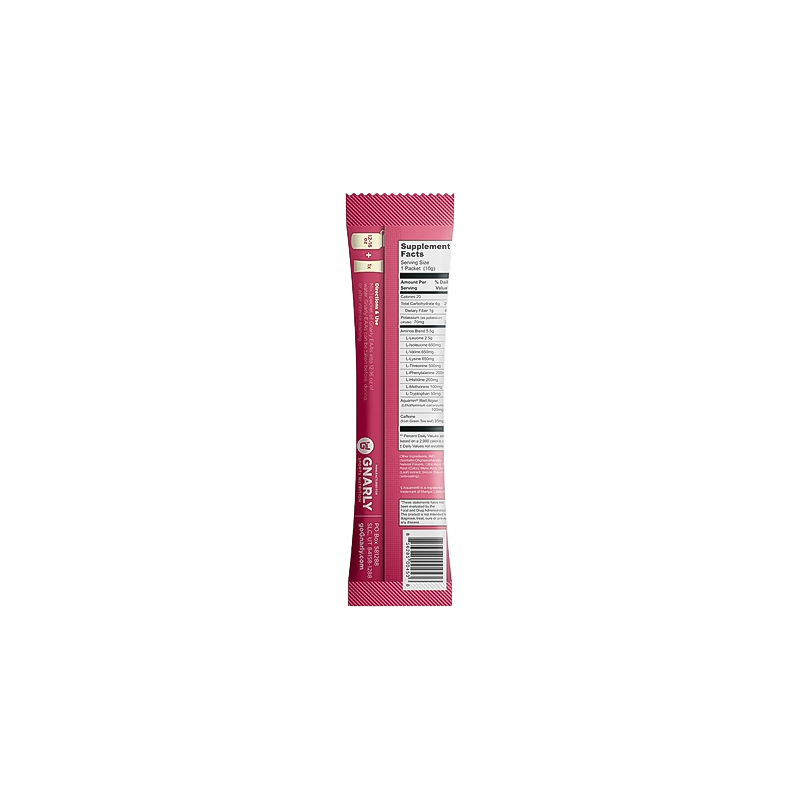 A sachet of Berry Lemonade Gnarly Essential Aminos promoting muscle recovery and hydration.