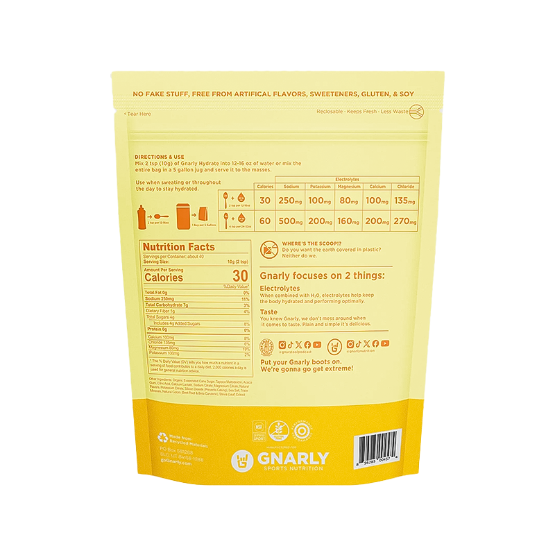 Orange pineapple coconut mix from Gnarly Hydrate, a low-sugar electrolyte powder for optimal hydration during workouts.