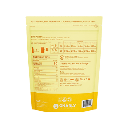Orange pineapple coconut mix from Gnarly Hydrate, a low-sugar electrolyte powder for optimal hydration during workouts.