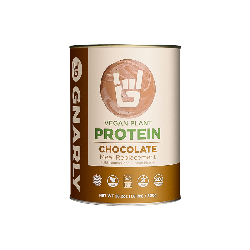Can of Gnarly Vegan chocolate protein, featuring plant-based ingredients for athletes, with 20g protein and no allergens.