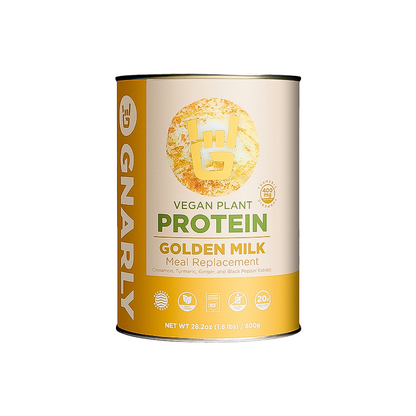 Gnarly vegan protein golden milk in a can, showcasing a creamy texture, highlighting Gnarly Vegan's nutritious plant-based blend.