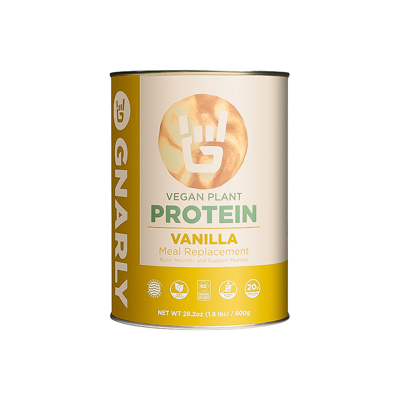 A can of vanilla vegan protein powder from Gnarly, rich in fiber and healthy fats, designed for athletes and health-conscious users.
