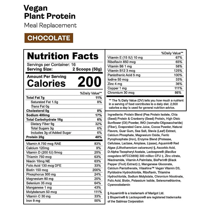 Nutrition facts label for Gnarly Vegan chocolate protein, highlighting 20g protein, fiber, and probiotics for active lifestyles.