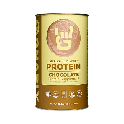 Grass-fed whey chocolate protein powder in a can, promoting muscle recovery and digestive health with 25g protein per serving.