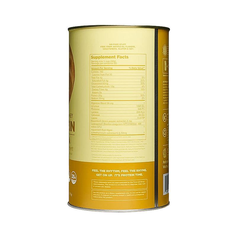 Nutrition facts of vanilla protein powder can from Gnarly Whey, offering 25g protein, probiotics, and a smooth texture for easy mixing.