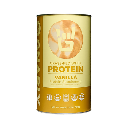 A can of Gnarly Whey vanilla protein powder, featuring 25g of protein and digestive support for muscle recovery and health.
