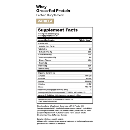 Nutrition label for Gnarly Whey protein vanilla powder, highlighting 25g protein, probiotics, and digestive enzymes for gut health.