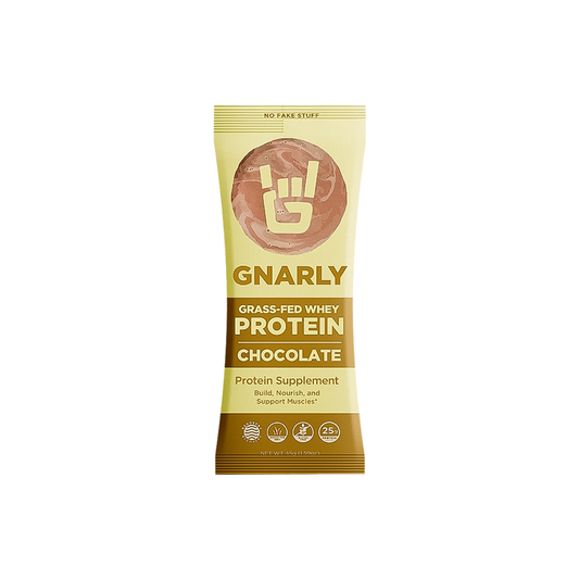 Gnarly Whey protein chocolate powder, rich in flavor, packed with 25g protein, prebiotics, and probiotics for muscle recovery.