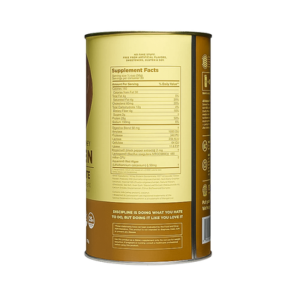 Can of chocolate-flavored grass-fed whey protein powder, featuring 25g protein, probiotics, and digestive enzymes for health.