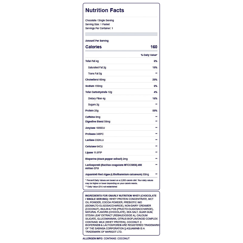 Nutrition label for chcolate Gnarly Whey protein powder, highlighting 25g protein, probiotics, and digestive enzymes for gut health.