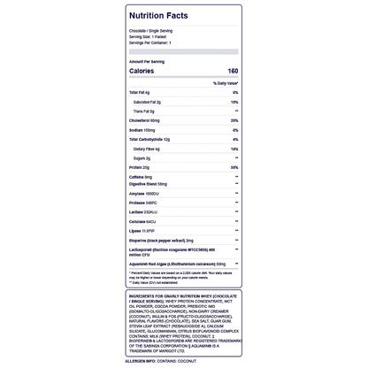 Nutrition label for chcolate Gnarly Whey protein powder, highlighting 25g protein, probiotics, and digestive enzymes for gut health.