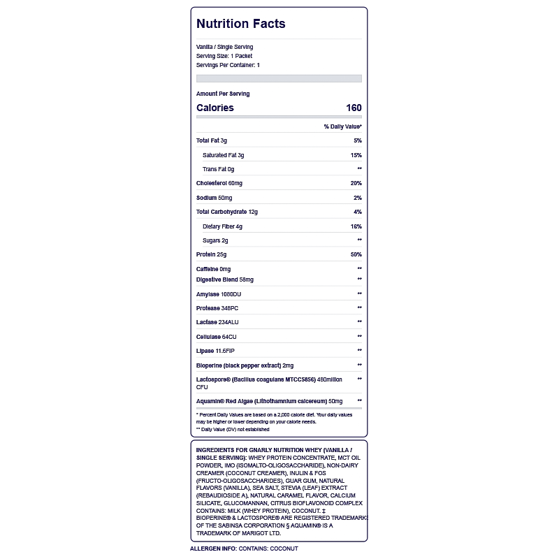 Nutrition label of vanilla Gnarly Whey protein powder, featuring 25g protein, healthy fats, and digestive support ingredients.
