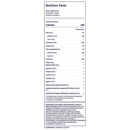 Nutrition label of vanilla Gnarly Whey protein powder, featuring 25g protein, healthy fats, and digestive support ingredients.