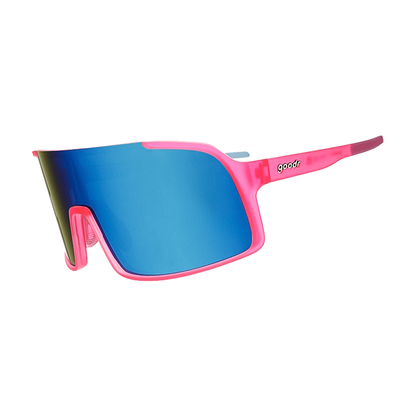Stylish pink Goodr Astro G sunglasses with blue lenses, perfect for active individuals with UV protection.